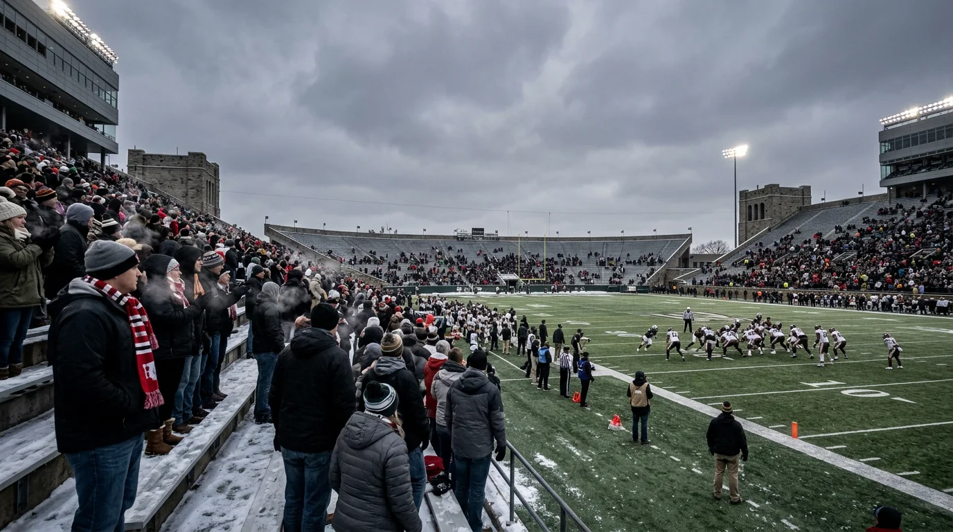 Estadio de fútbol americano universitario del medio oeste con nieve en las gradas