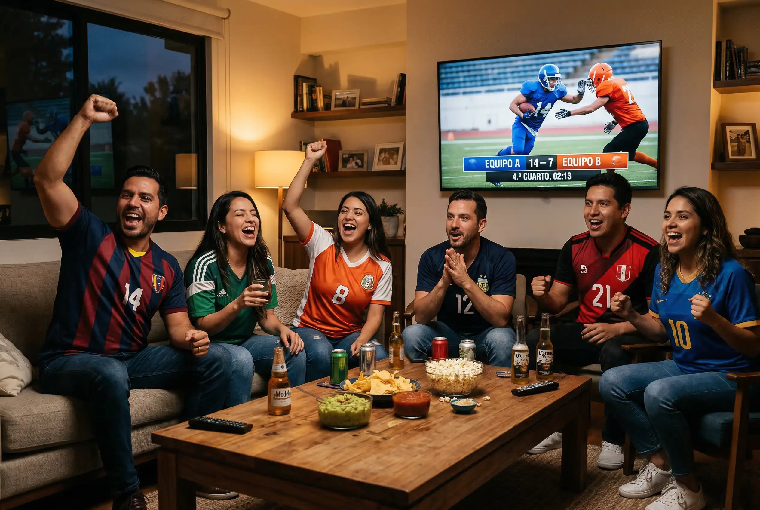 Aficionados latinoamericanos viendo partido de fútbol americano en televisión