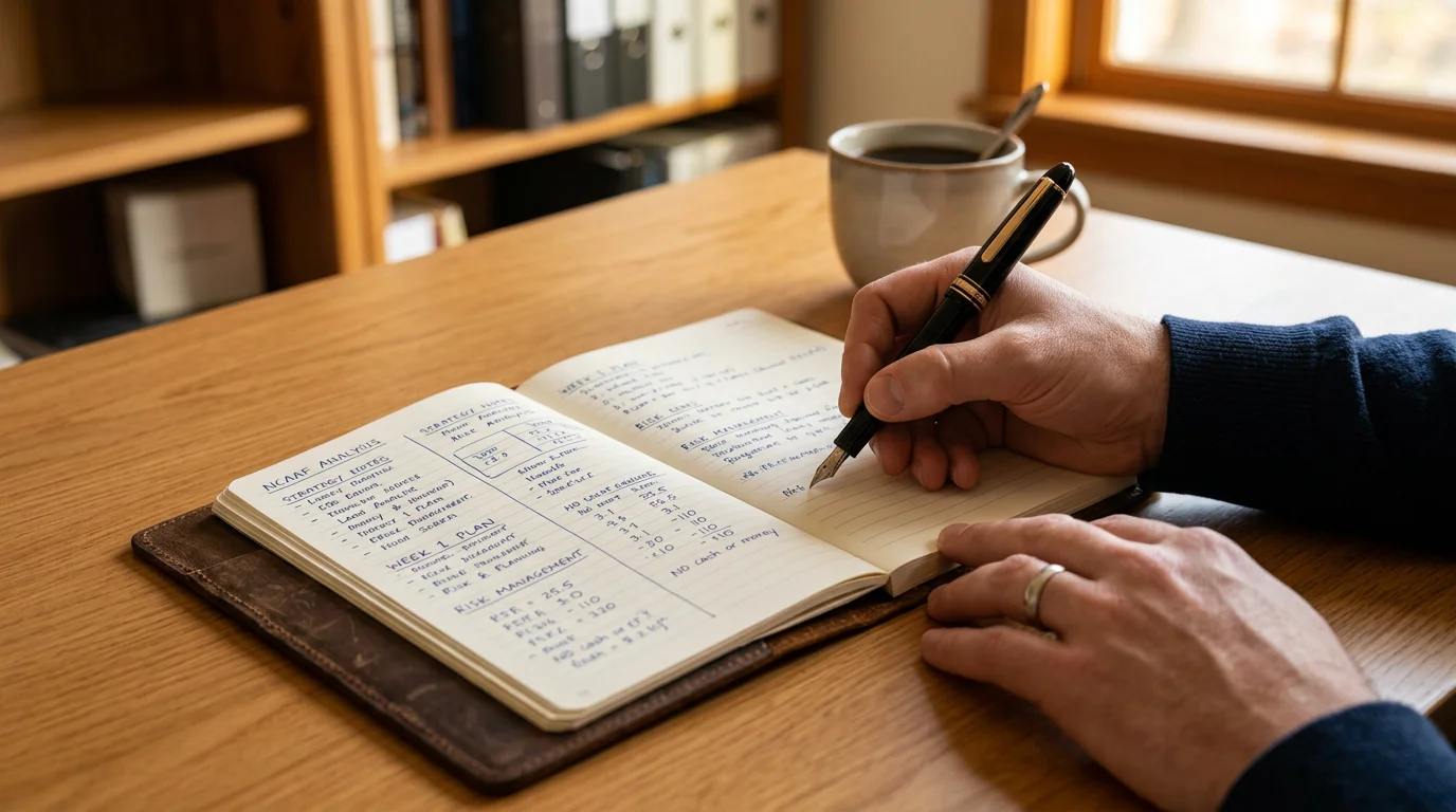 Persona tomando notas en libreta mientras analiza estrategia de apuestas