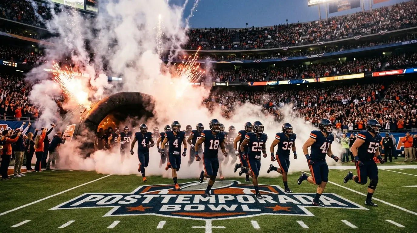 Equipo de fútbol americano universitario entrando al campo en partido de bowl