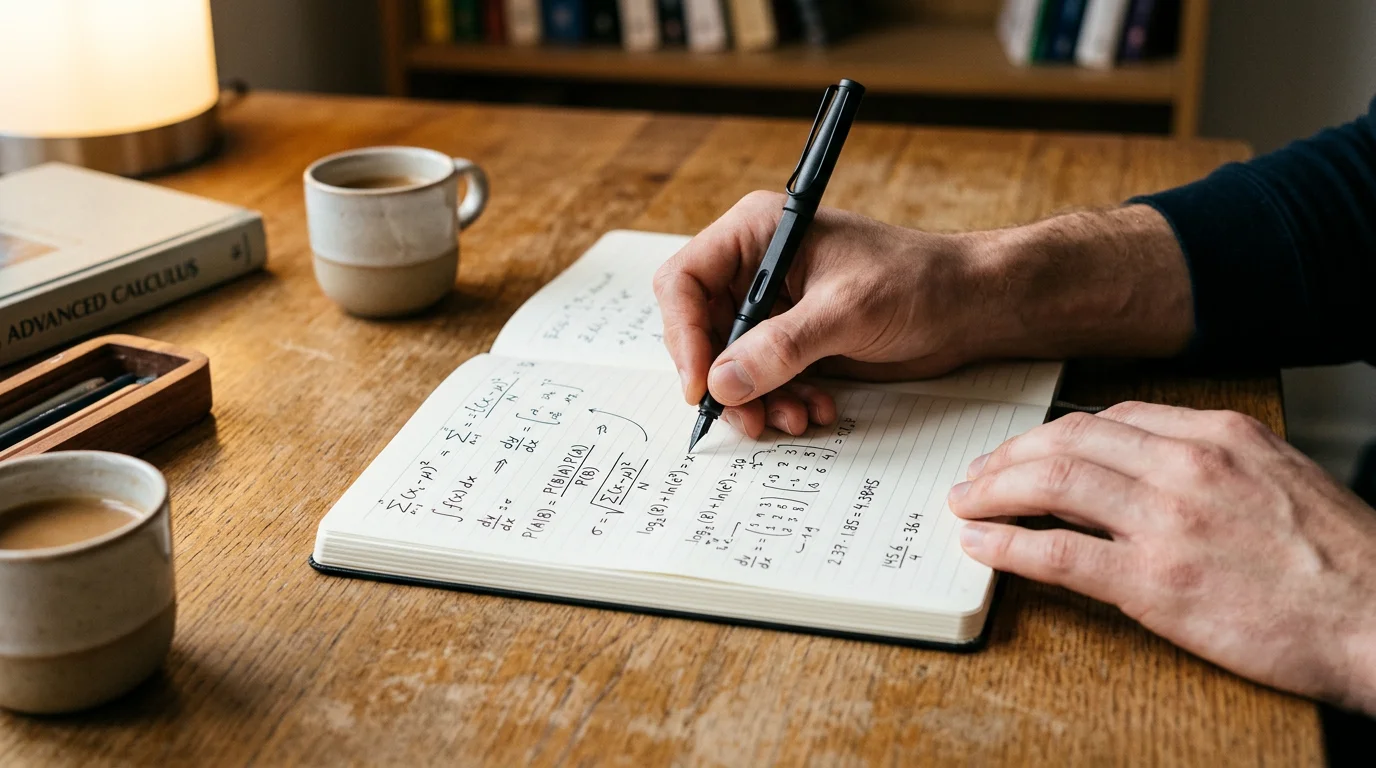 Persona escribiendo fórmulas y cálculos en libreta con bolígrafo
