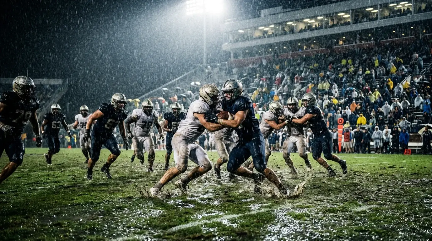 Partido de fútbol americano universitario bajo lluvia intensa en el campo