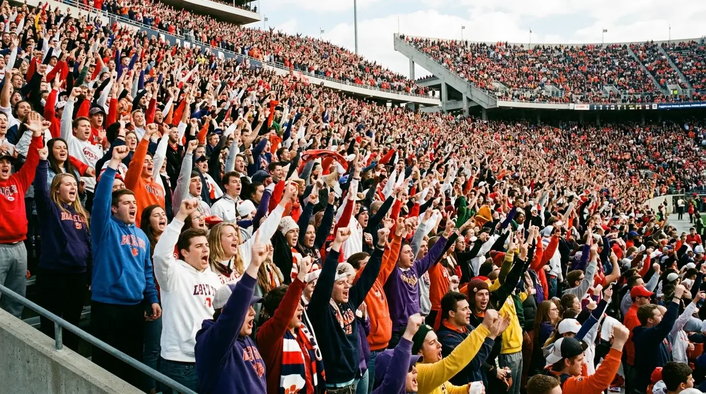 Multitud de aficionados de fútbol americano universitario en las gradas animando