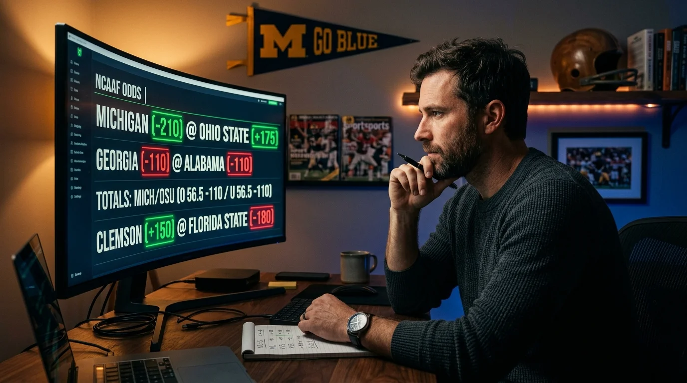 Analista estudiando cuotas americanas de college football en pantalla de sportsbook