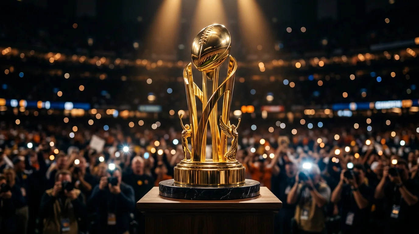 Trofeo de campeonato de fútbol americano universitario sobre pedestal