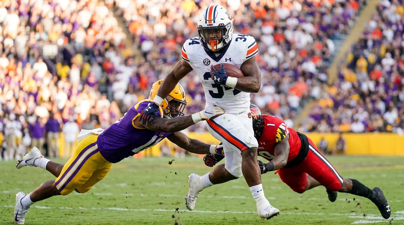 Jugador estrella de fútbol americano universitario corriendo con el balón
