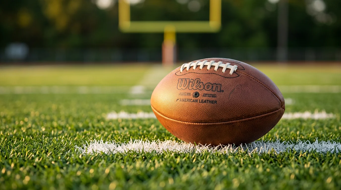 Balón de fútbol americano en el césped del campo universitario