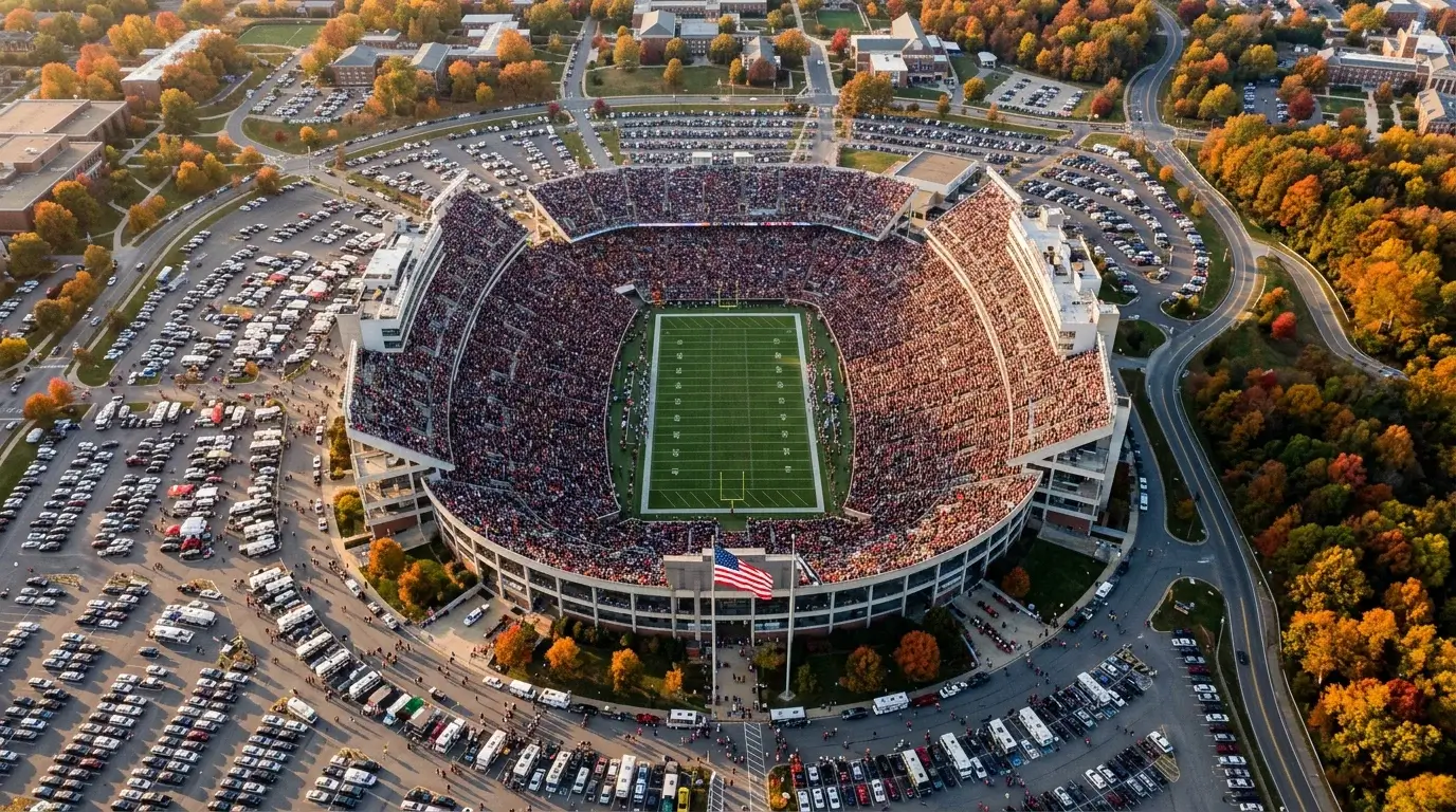 Vista aérea de estadio de fútbol americano universitario en Estados Unidos