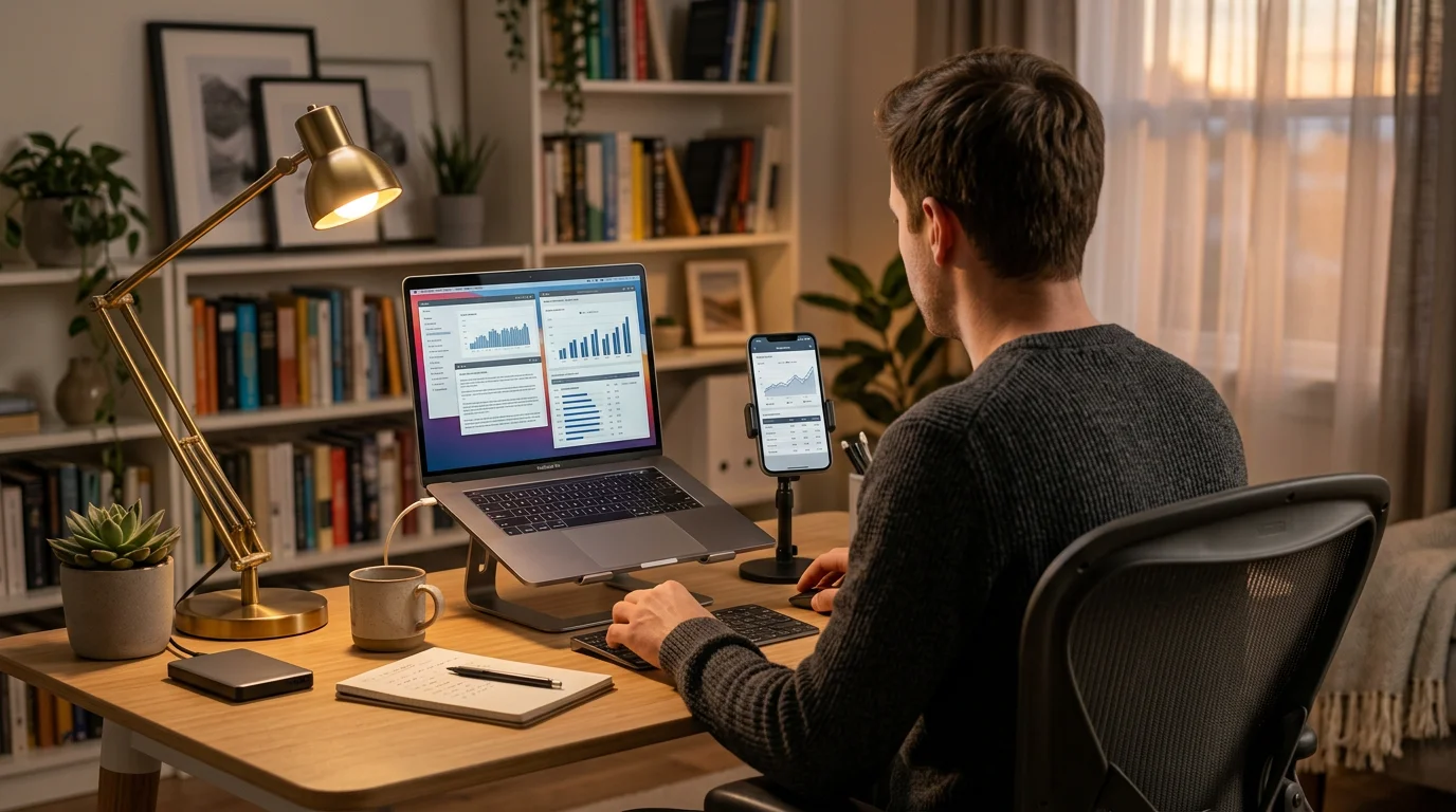 Persona comparando información en pantalla de computadora y smartphone