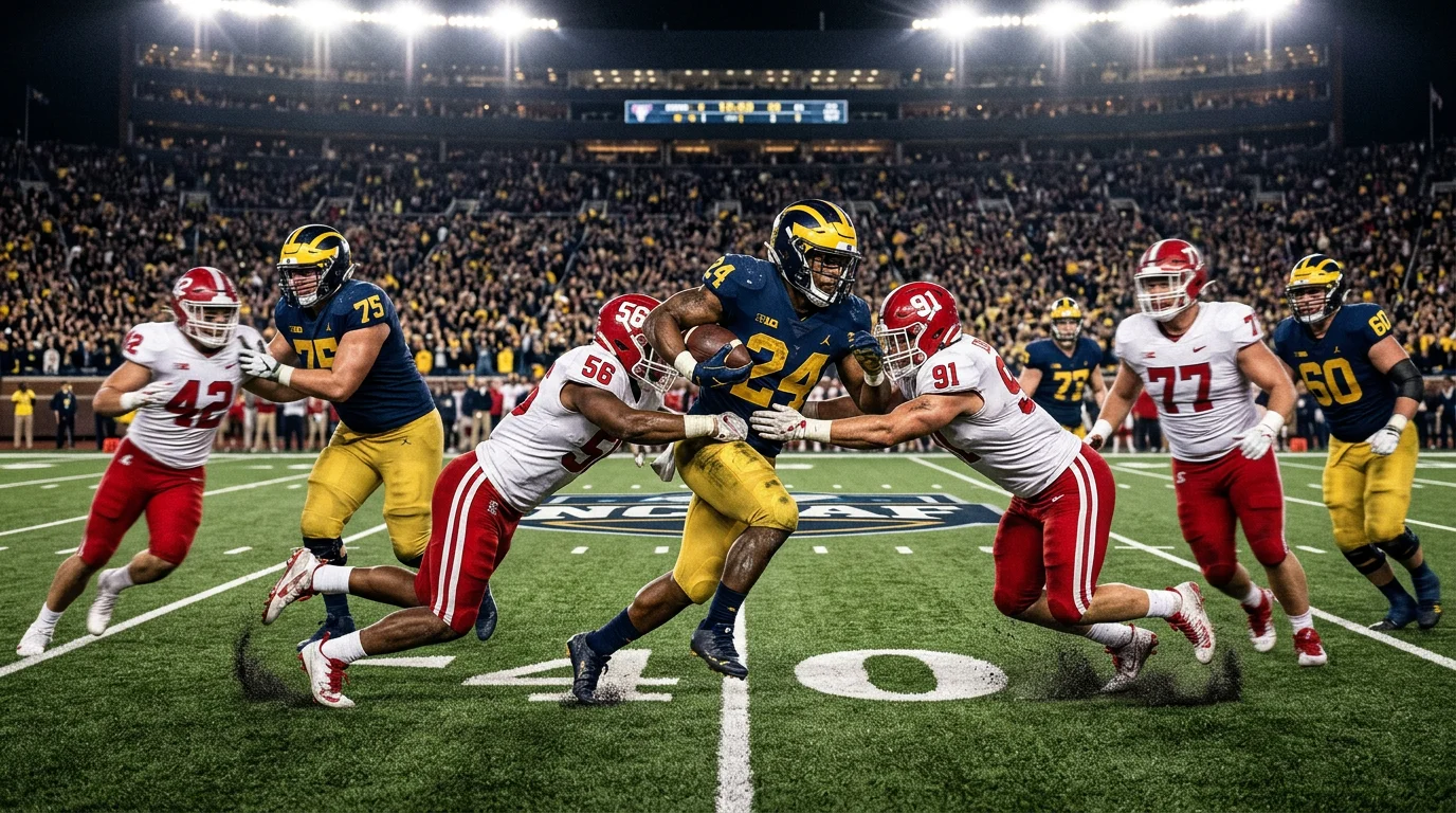 Partido de fútbol americano universitario en acción bajo las luces del estadio nocturno