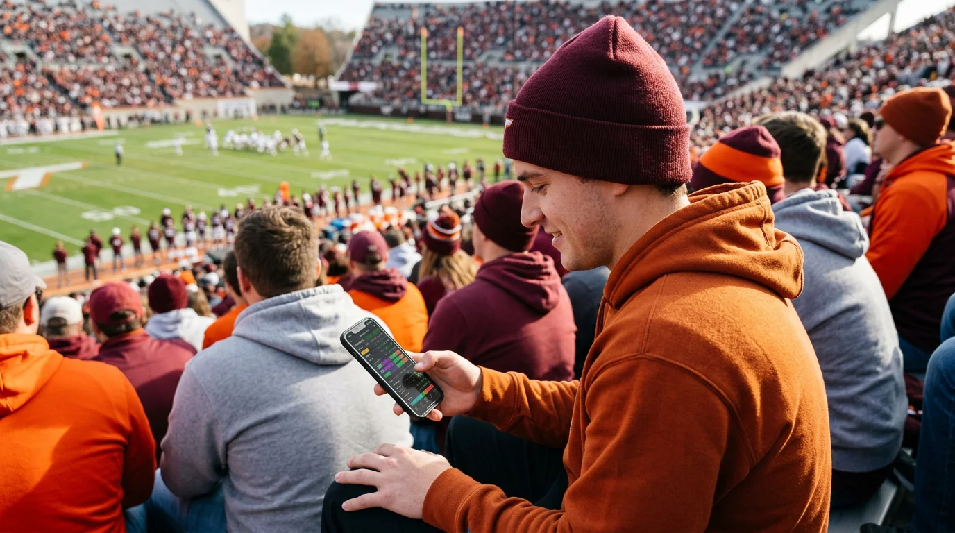 Aficionado usando smartphone mientras ve partido de fútbol americano en el estadio