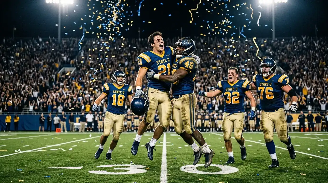 Jugadores de fútbol americano universitario celebrando victoria en el estadio