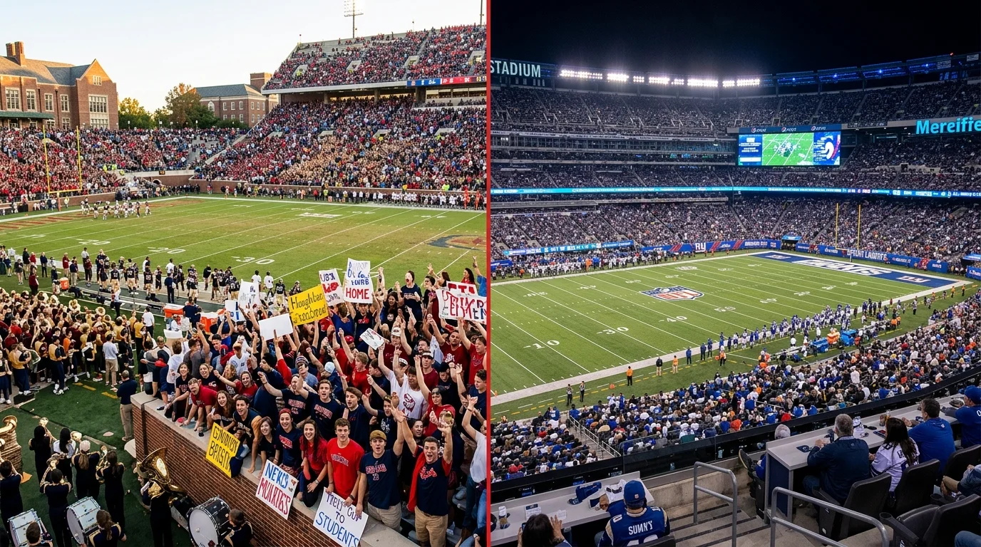 Estadio universitario lleno contrastando con estadio profesional de fútbol americano