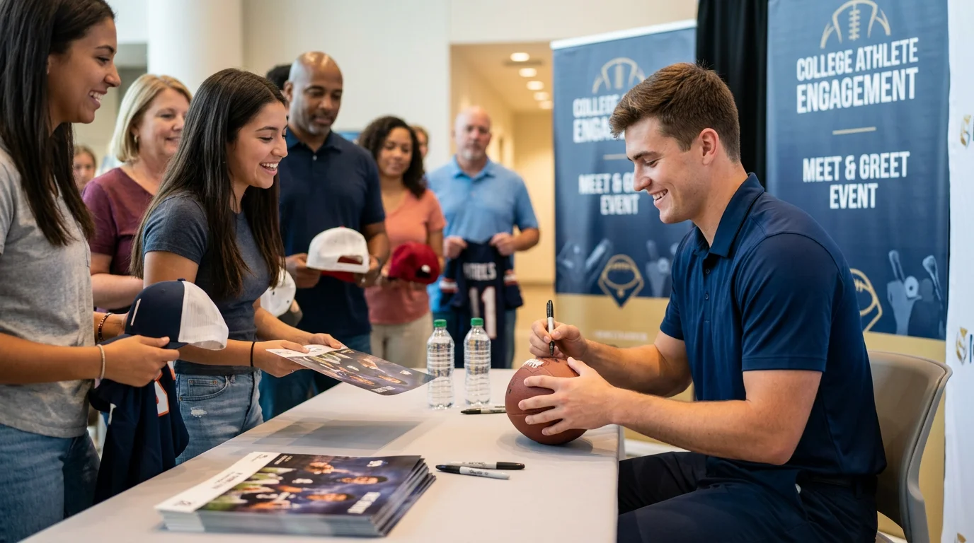 Jugador universitario de fútbol americano firmando autógrafos a aficionados