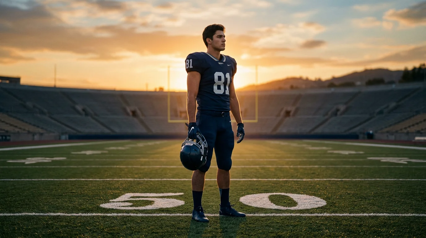 Jugador de fútbol americano universitario con casco en mano tomando decisión sobre su futuro