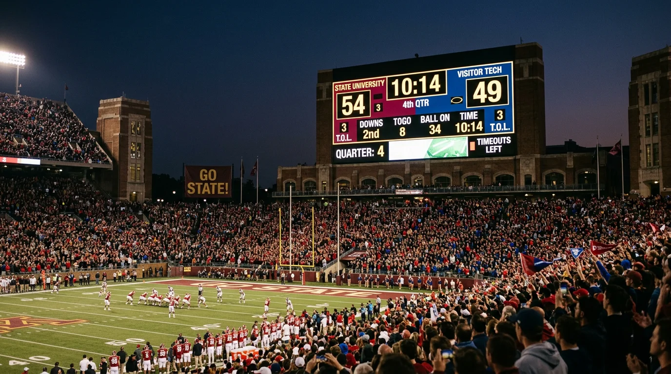 Marcador de estadio de fútbol americano universitario mostrando puntuación alta