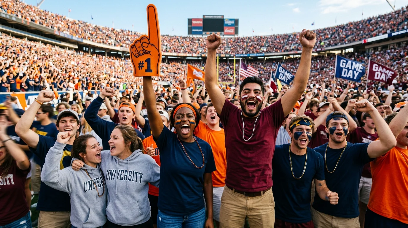 Aficionados de fútbol americano universitario celebrando en las gradas del estadio