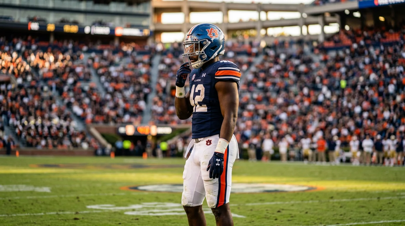 Jugador de fútbol americano universitario con casco en el campo antes del partido