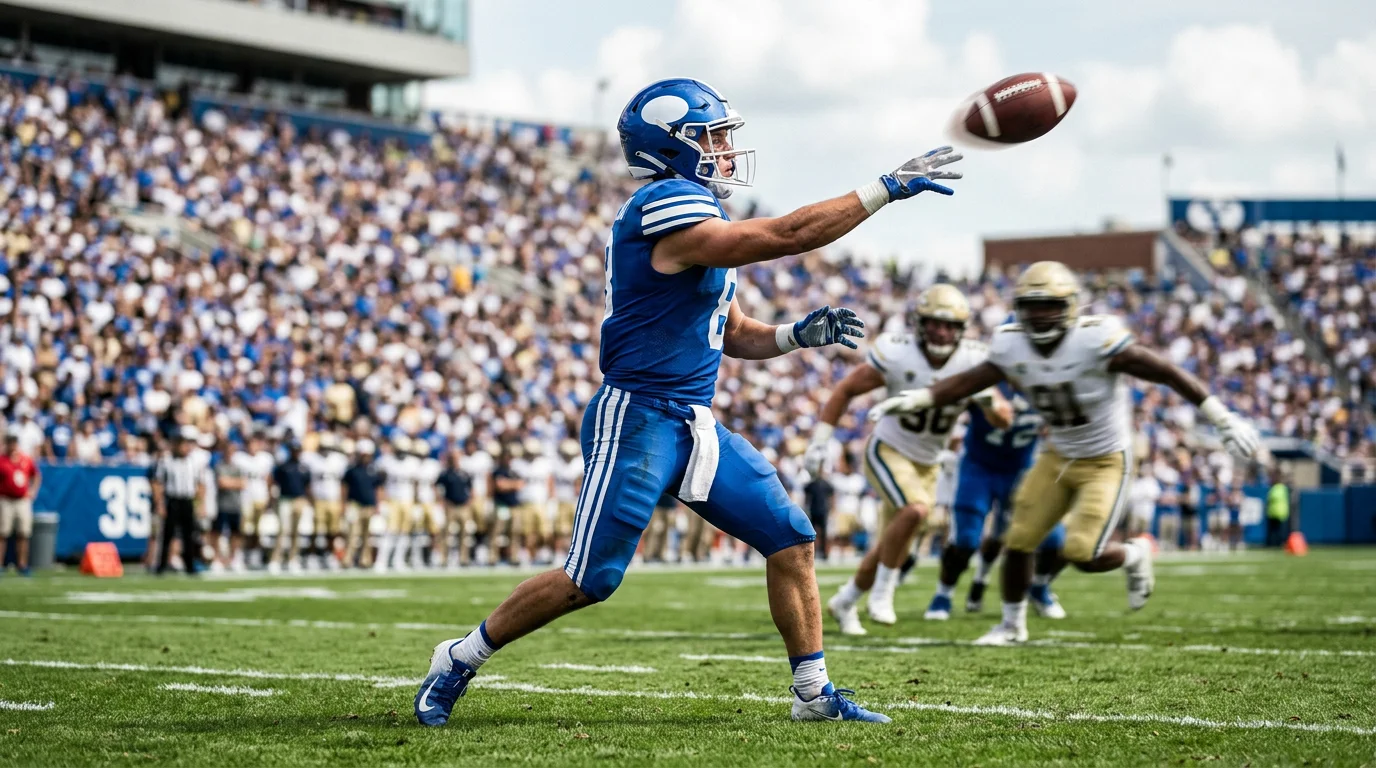 Quarterback de fútbol americano universitario lanzando el balón durante el partido