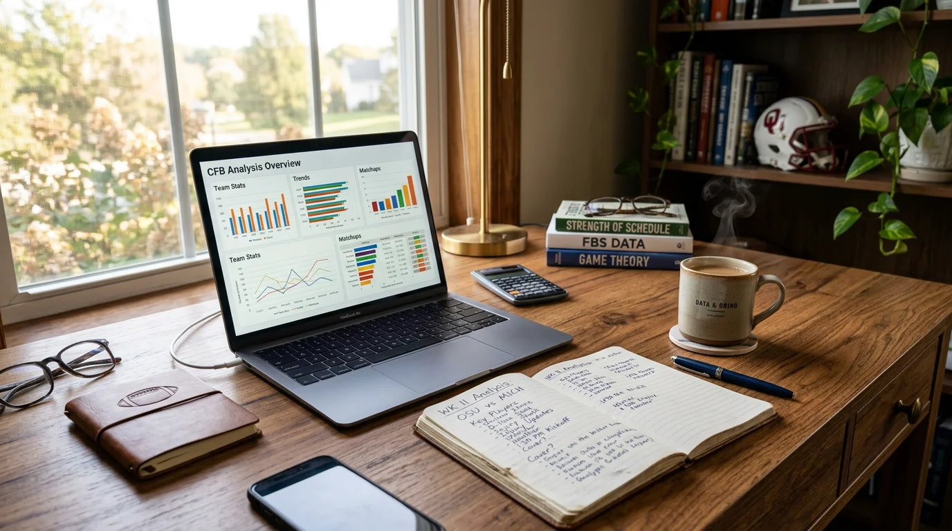 Escritorio con laptop, libreta y taza de café para análisis deportivo