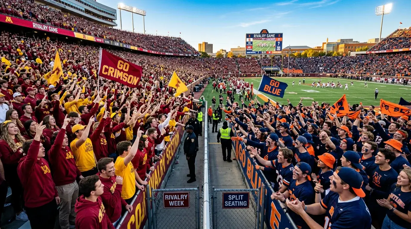 Aficionados rivales de fútbol americano universitario frente a frente en el estadio