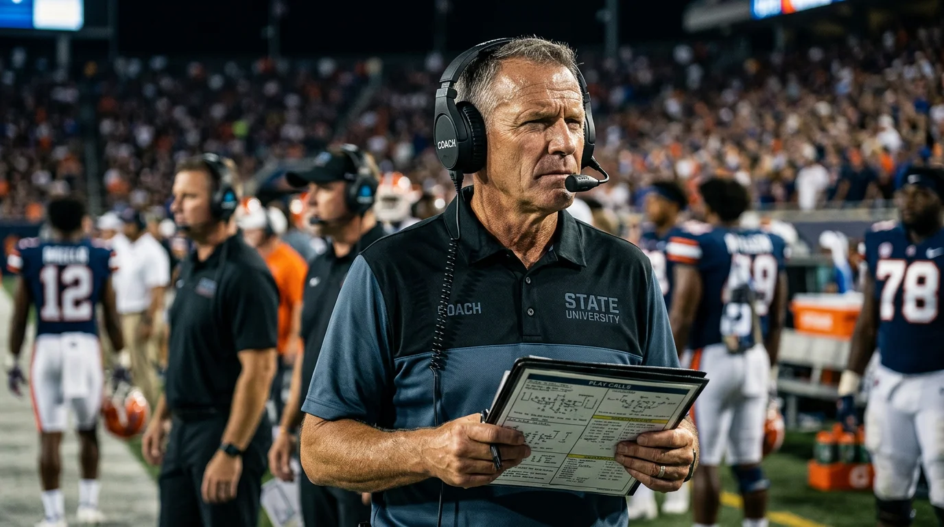 Entrenador de fútbol americano universitario analizando jugadas en la banda