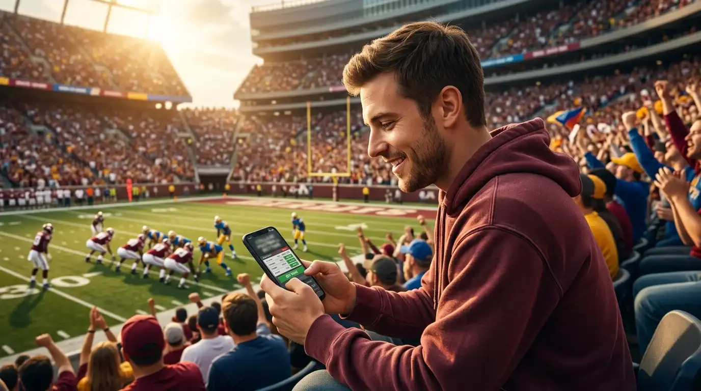 Aficionado analizando opciones de apuestas en partido de fútbol americano universitario